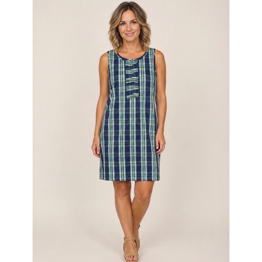 Talbots Petites Blue Green Plaid Ruffle Front Sleeveless Shift Dress 4P
